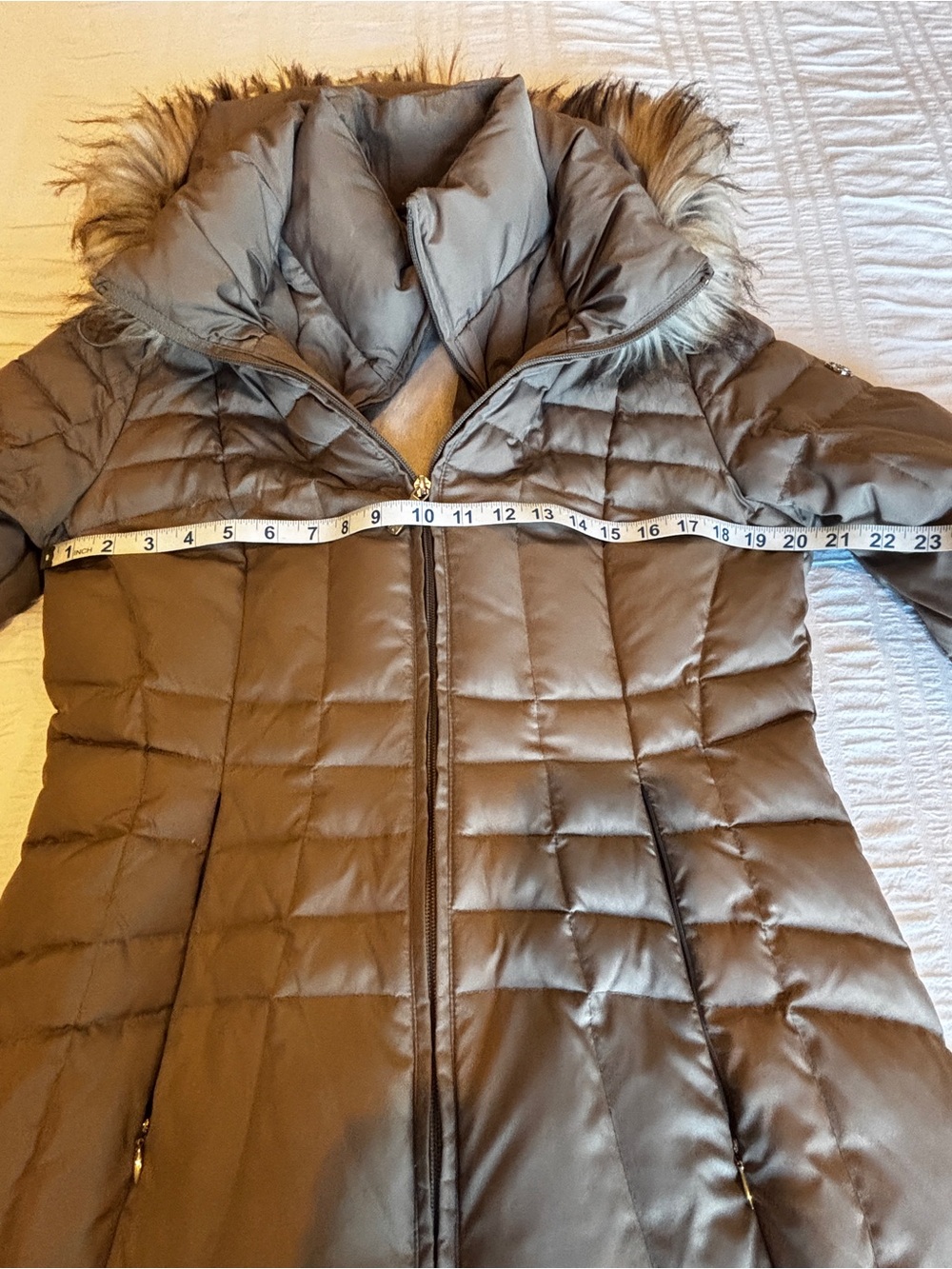 Calvin Klein Taupe Puffer Coat with Faux-Fur Trimmed Hood - Picture 6 of 7